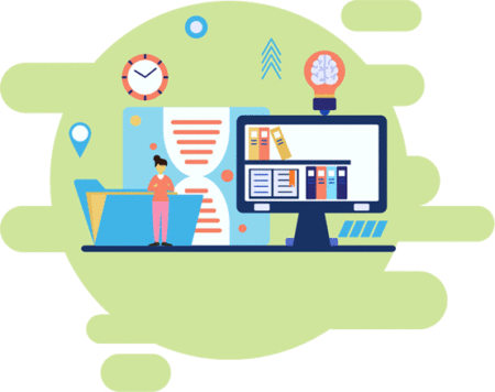 decorative image of computer screen and teacher