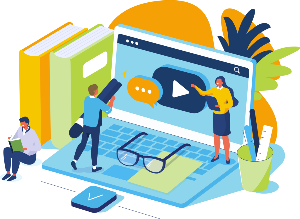 Graphic depicting students learning on a laptop