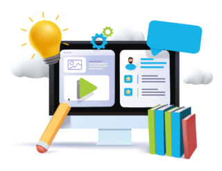 Decorative graphic with computer screen and lightbulb