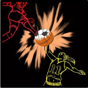 artwork of females playing soccer