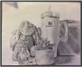 Student pencil drawing of still life objects.