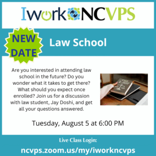 promotion for IworkNCVPS for Law School with an image of a hand holding a law book