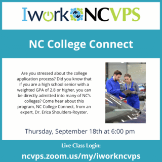 promotion for NC College Connect session featuring an image of a man and woman working on a car