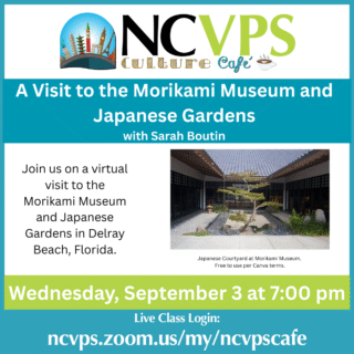 promotion featuring an image of a Japanese courtyard at Morikami Museum
