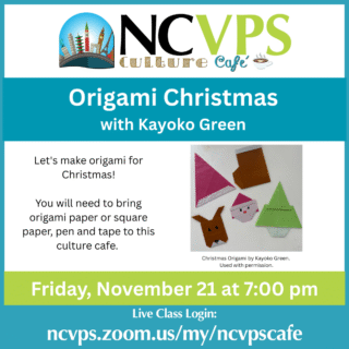 Origami Christmas promotion with an image of simple origami Santa hat, stocking, Christmas tree and elf