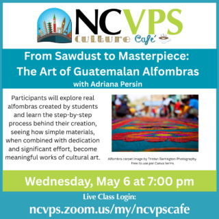 Culture Café promo with an image of a colorful Alfombra carpet