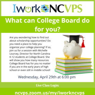 promotion for IworkNCVPS with an image of a stack of books with a piggy bank wearing a graduation cap on top
