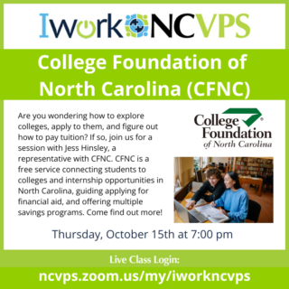 promotion for IworkNCVPS for CFNC with an image of two students working over papers